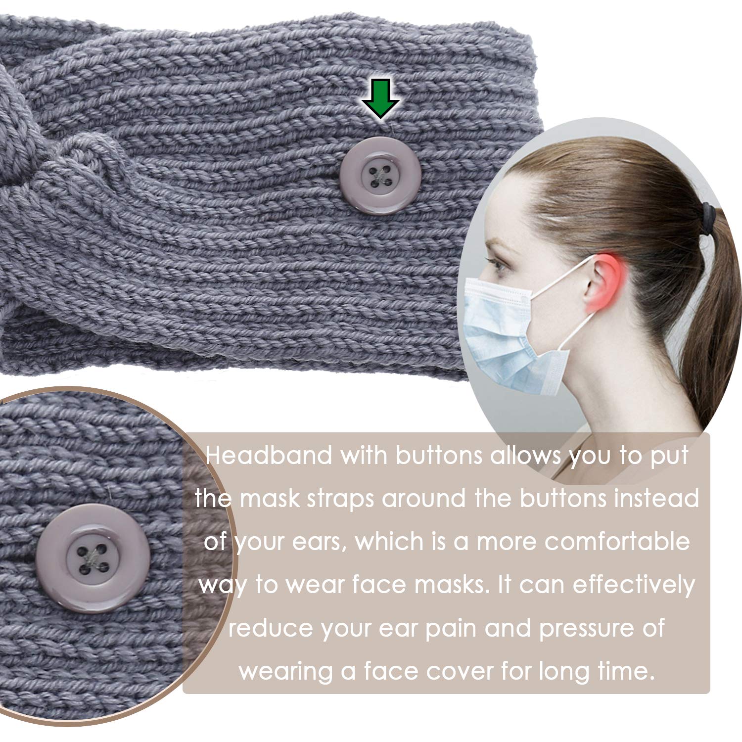 VEEJION 4 Pack Women Knitted Warm Twisted Headbands with Buttons for Face Mask Wide Ear Warmer Headwrap Hair Accessories for Outdoor Sports Running