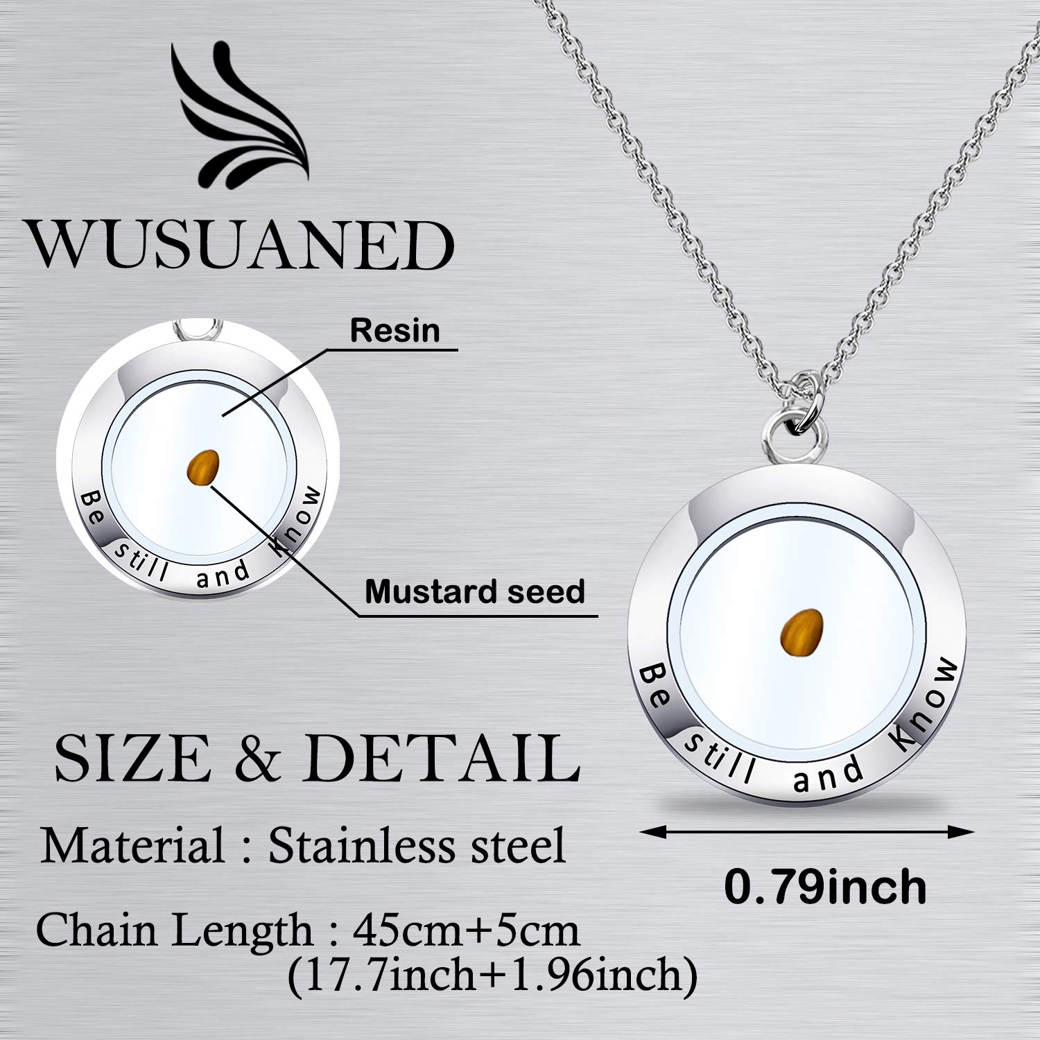 WUSUANED Mustard Seed Faith Necklace Seed Charm with Bible Verse Inscription Christian Pendant Religious Jewelry Inspirational Christian Gift for Women (be still & know necklace S)