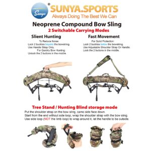 SUNYA Neoprene Compound Bow Sling, Silent Hunting or Fast Movement 2 Carrying Modes Switchable. Padded Shoulder Sling Removable & Adjustable. Camouflage Fabric. (Camo with Green Strap)