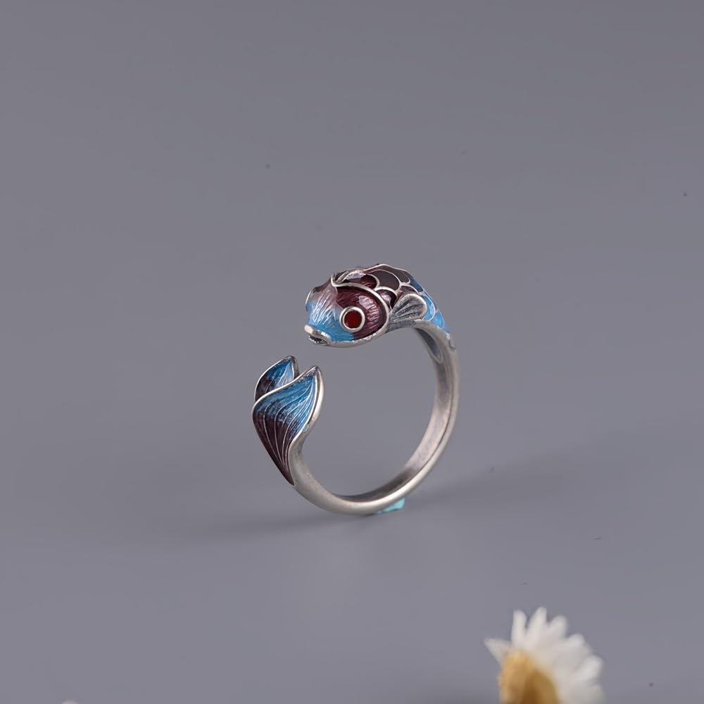 925 Sterling Silver Cloisonne Enamel Carp Fish Ring for Women Open Adjustable