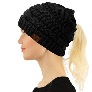 C.C Beanie for Women Criss Cross Ponytail Messy Buns Knit Stretchy Beanie Winter Cap Hat (Solid Black)