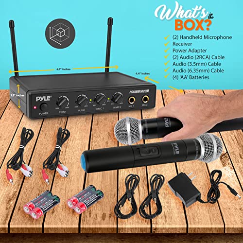 Pyle Wireless Karaoke Microphone System - Portable Audio Sound Mixer Receiver Set w/Dual Mic Setting, Two Handheld Mics, 3.5mm AUX & RCA Cord - for DJ Sound, Home Party, & Theater - PDKWM102UM