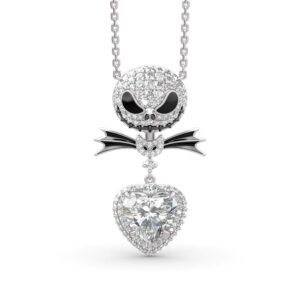 Jeulia 2.5 Carat Nightmare Necklace 925 Sterling Silver Jack and Sally Skull Pendant Necklace Heart Necklace for Women Birde Romantic Jewelry Gift for Her (Silver)