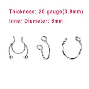 JOFUKIN 6pcs Silver Stainless Steel Fake Nose Ring Flexible Fake Septum Ring Non Pierced Fake Horseshoe Septum Piercing Clip On Nose Rings