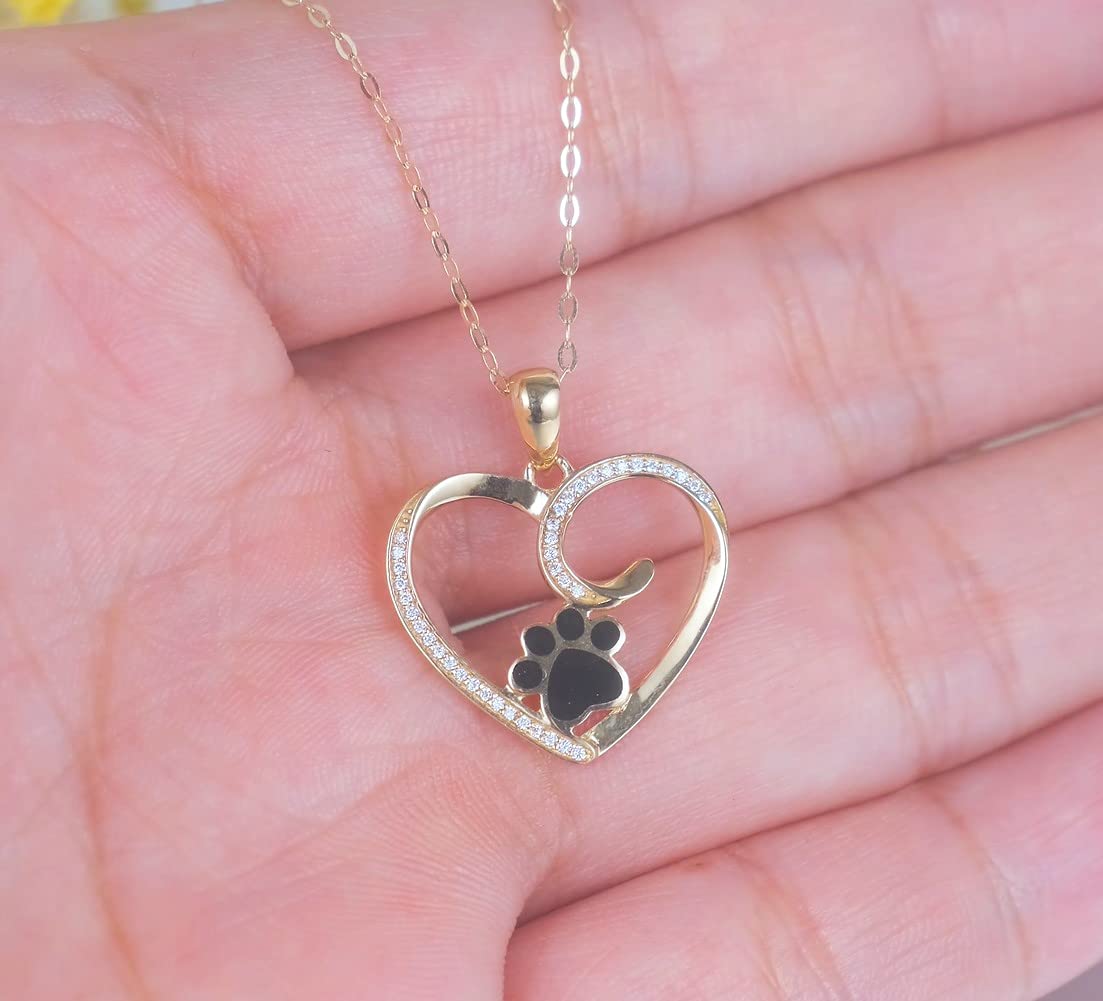 SISGEM 14k Yellow Gold Heart Pendant Necklace for Women, Real Gold Dog Cat Paw Print Jewelry Gifts for Her, 16+1+1 Inch