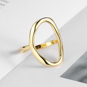 Oval Round Loop Open Statement Sterling Silver Ring for Women Men Minimalist Geometic Circle Wedding Eternity Band Adjustable Knuckle Rings Fashion Jewelry (Yellow Gold)