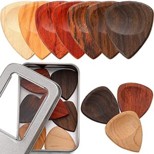 yeshone 10 pieces exotic wood guitar picks, 1 guitar picks box wooden guitar plectrums in african red sandalwood chacate preto olive wood rosewood maple ebony golden sandalwood for archtop guitar