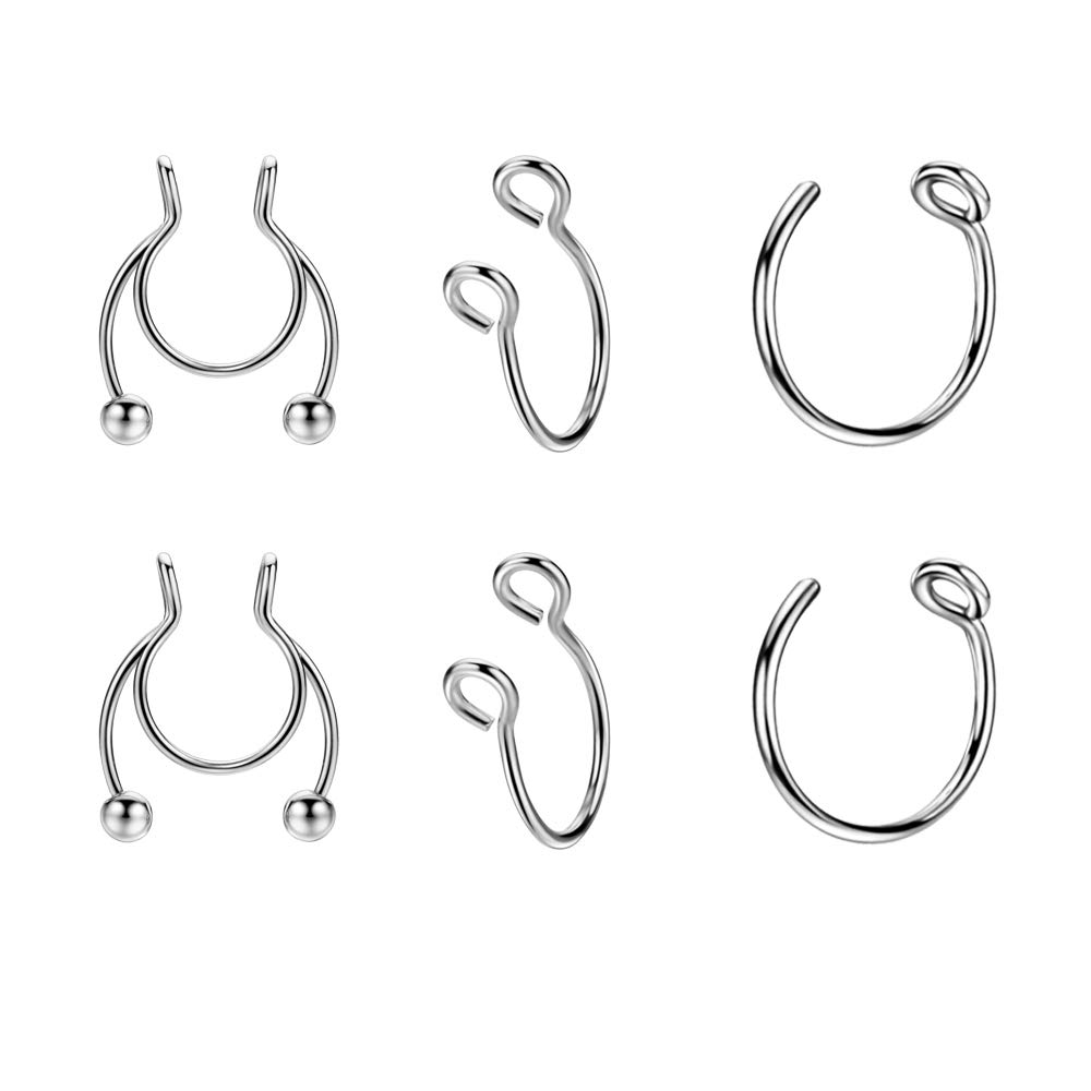 JOFUKIN 6pcs Silver Stainless Steel Fake Nose Ring Flexible Fake Septum Ring Non Pierced Fake Horseshoe Septum Piercing Clip On Nose Rings