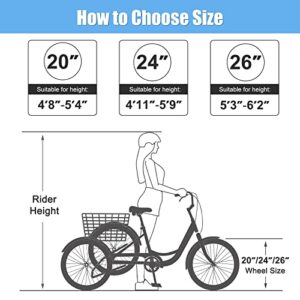 Slsy Adult Tricycles 7 Speed, Adult Trikes 20/24/26 inch 3 Wheel Bikes, Three-Wheeled Bicycles Cruise Trike with Shopping Basket for Seniors, Women, Men.