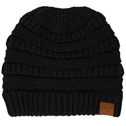 C.C Beanie for Women Criss Cross Ponytail Messy Buns Knit Stretchy Beanie Winter Cap Hat (Solid Black)