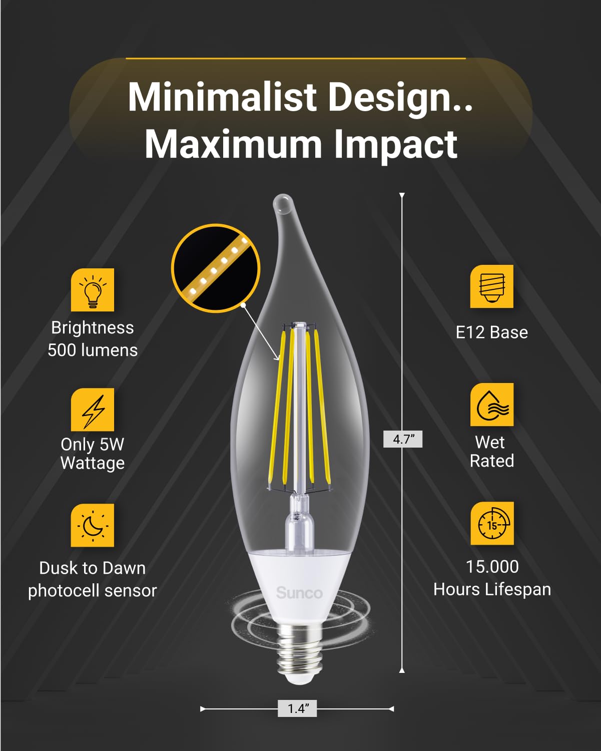 Sunco 10 Pack Dusk to Dawn Candelabra CA11 LED Light Bulbs Outdoor, 5W Equivalent 40W, CRI90 2700K White, Candle Flame Tip, Photocell Sensor, Decorative Filament, 500 Lumens, E12 Base UL