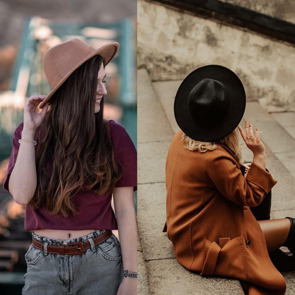 HUDANHUWEI Women's Wide Brim Fedora Panama Hat with Metal Belt Buckle Black