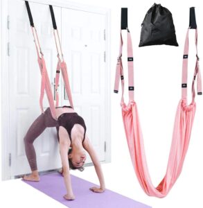 yoga stretching strap, adjustable height leg stretcher waist back stretch band aerial yoga, anti-gravity inversion exercises door flexibility tensile trainer for rehab pilates dance splits (pink)