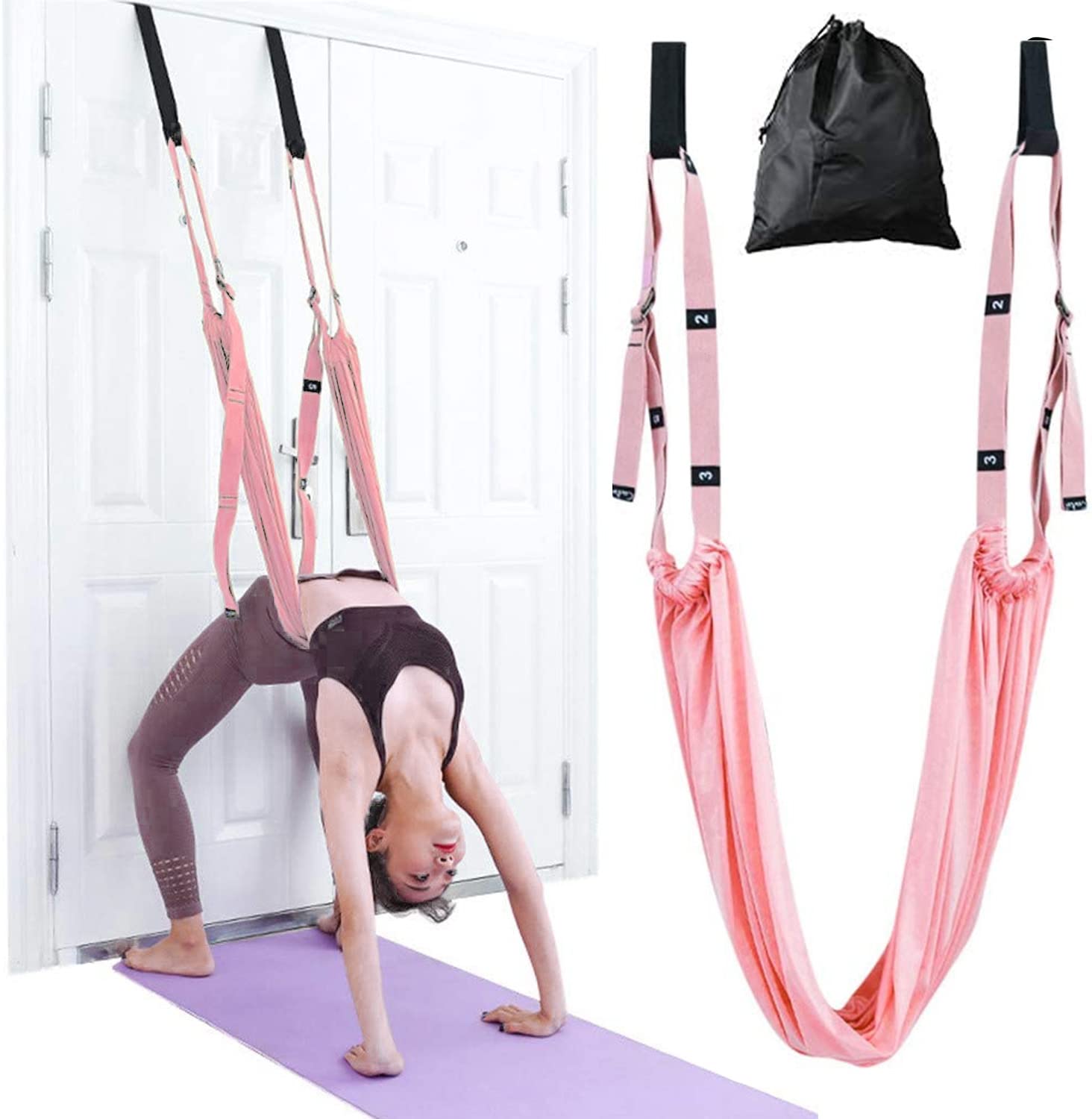 Yoga Stretching Strap, Adjustable Height Leg Stretcher Waist Back Stretch Band Aerial Yoga, Anti-gravity Inversion Exercises Door Flexibility Tensile Trainer for Rehab Pilates Dance Splits (Pink)