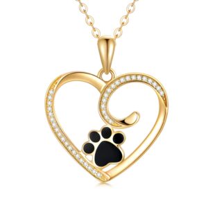 sisgem 14k yellow gold heart pendant necklace for women, real gold dog cat paw print jewelry gifts for her, 16+1+1 inch