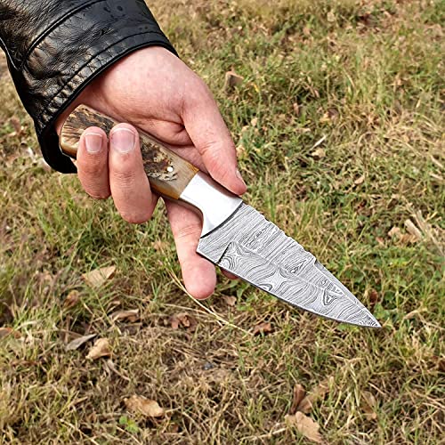 Knife4U Damascus Hunting Knife With Sheath|8"Best Camping,Hiking,Tactical,Survival Knife For Men|EDC Bushcraft Accessories Tool|Sharp Blade With Natural Handle And Knife Display Box (Rams Horn)