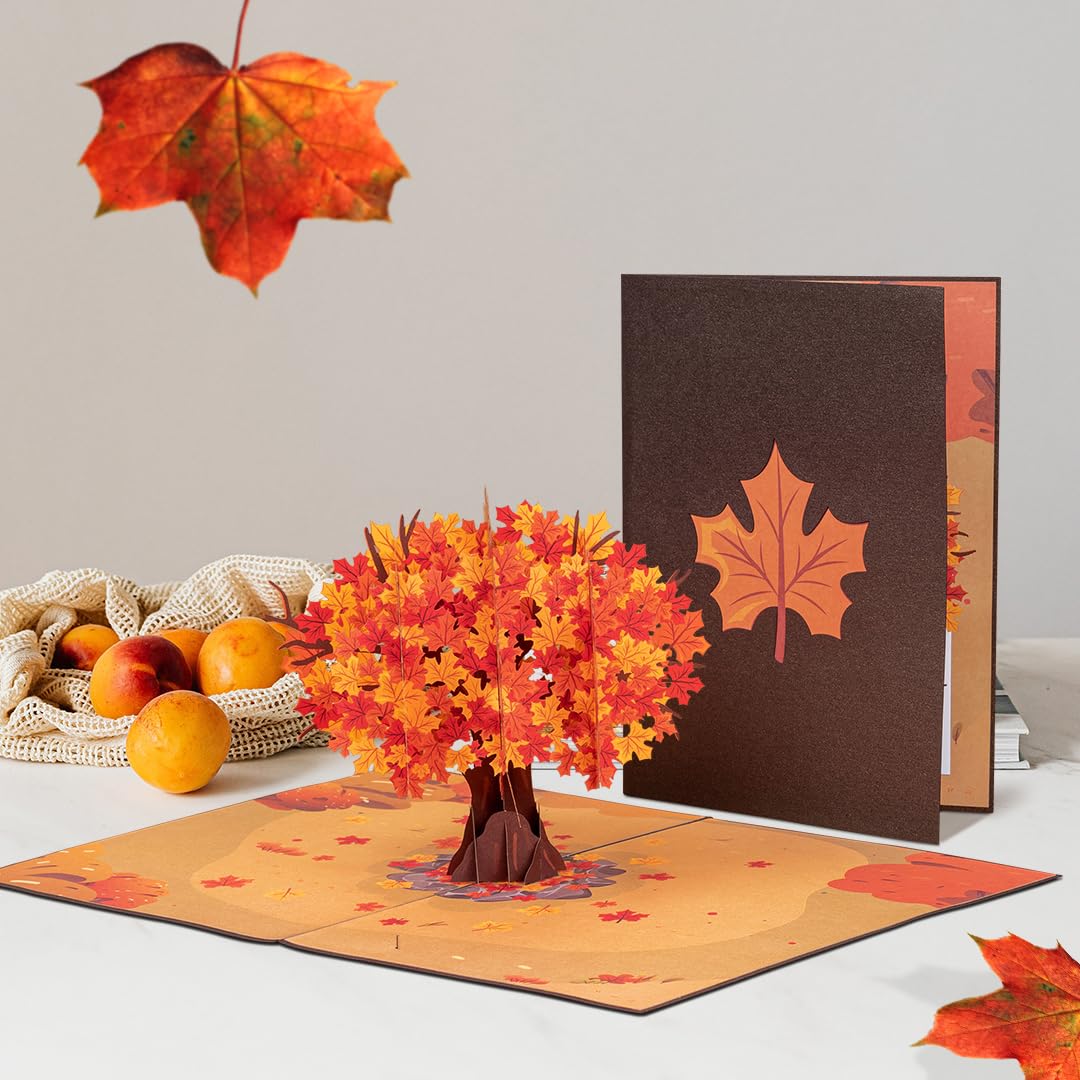 Paper Love 3D Autumn Pop Up Card, Handmade Maple Tree Popup Greeting Cards, For Fall, Birthday, Thanksgiving, Thinking of You, Sympathy, All Occasion - 5" x 7" Cover - Includes Envelope and Note Tag