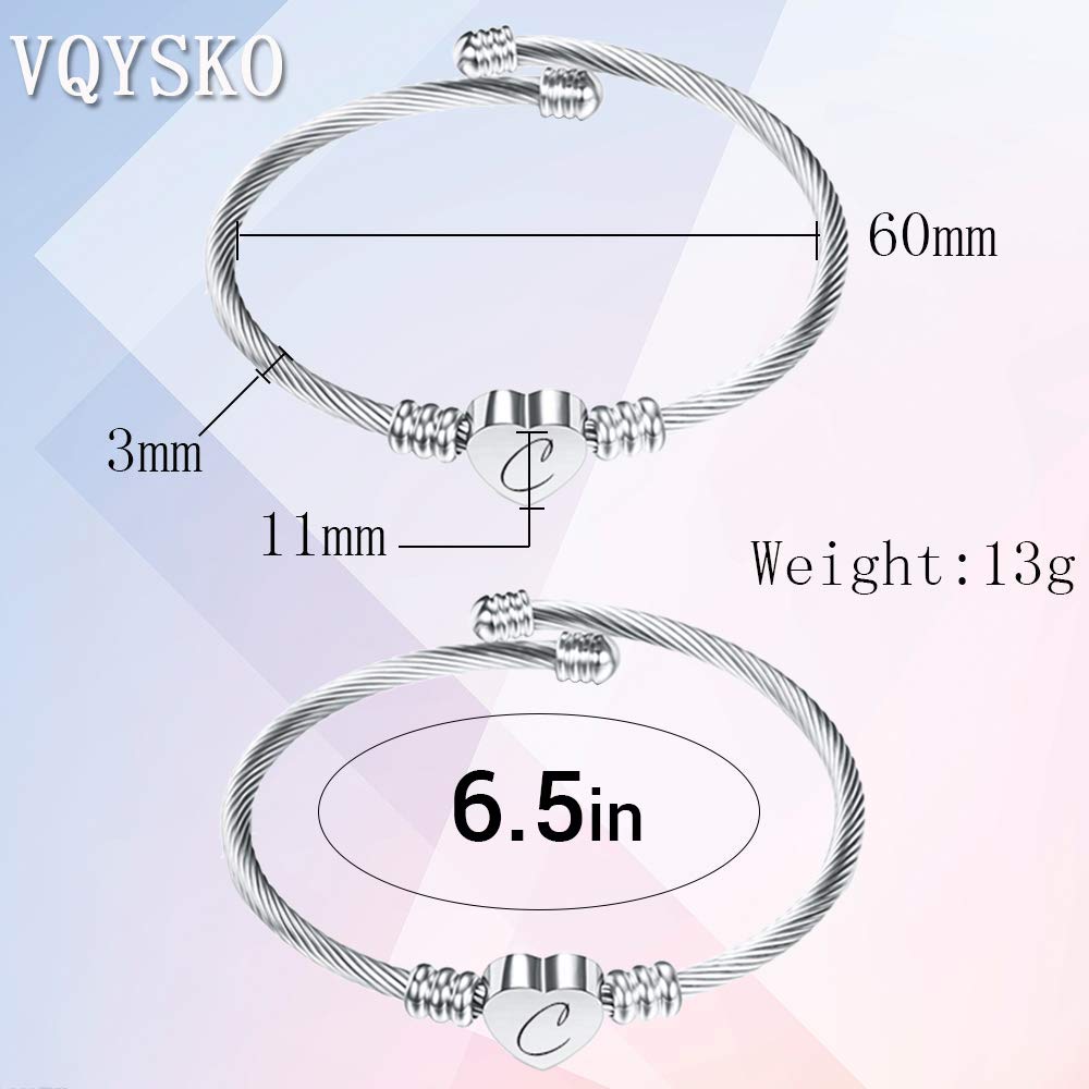 VQYSKO Silver Heart Initials Bracelet-A-Z Stainless Steel Engraved Charm Bracelet, Woman Jewelry Birthday Festival Gift (Silver K)