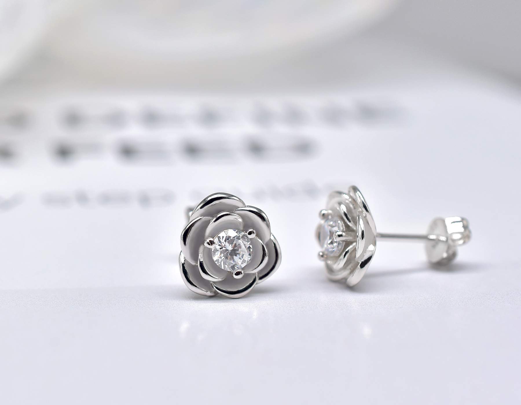 Rose Flower Stud Earrings for Sterling Silver with Gold Plated Hypoallergenic Jewelry Cubic Zirconia Studs Earring, Birthday Gifts for Women(White)