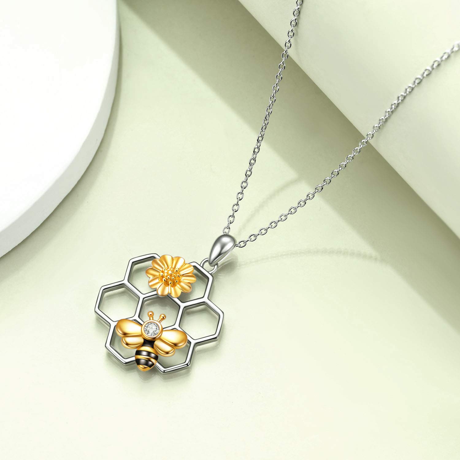 LUHE Bee Necklace 925 Sterling Silver Honeycomb Cute Flower Pendant Necklaces for Women Christmas Gifts for Her (Bee necklace)