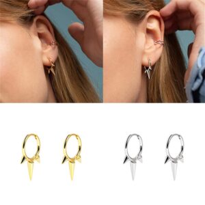 Fashion Spike Sterling Silver Hoop Earrings for Women Girls Men Hypoallergenic Minimalist Huggie Small Sleeper Hoops Cartilage Cuff Helix Stud Wrap Personalized Punk Jewelry (Silver)