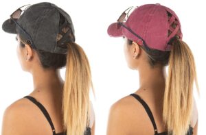 funky junque criss cross hat w/buttons bundle - black & burgundy (2 pack)