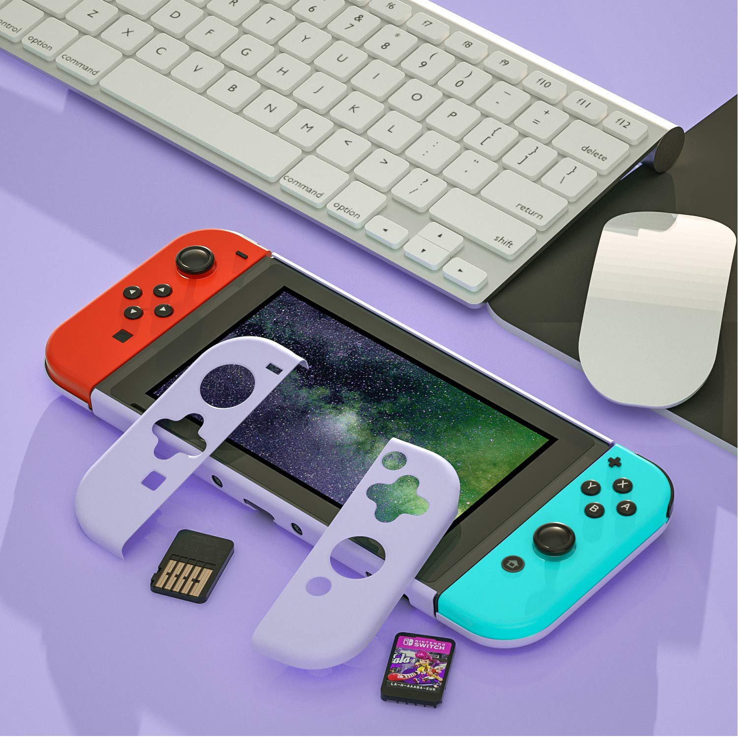 Switch Purple Case, Protective Cover Case for Switch with Tempered Glass Screen Protector and Thumb Grip Caps, Switch Purple Accessories