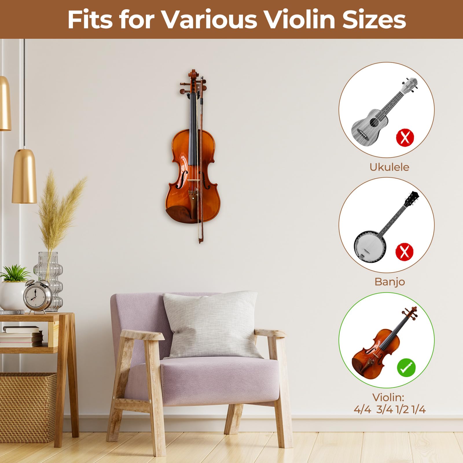 Violin Wall Mount Hanger, Ohuhu Hardwood Violin Hanger with Bow Holder for Home & Studio