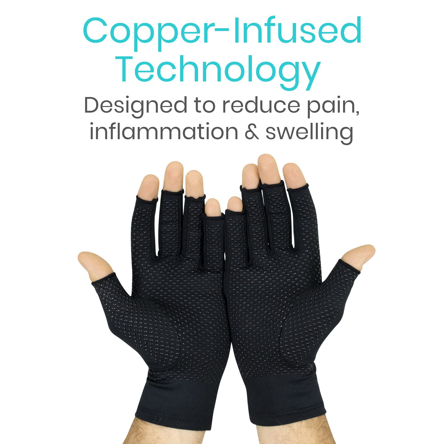 Vive Fingerless Arthritis Gloves for Men & Women Made w/Copper Infused Fabric - Therapeutic Compression for Swelling, Carpal Tunnel, Tendonitis, Edema, & Finger Pain - Comfortable Non-Slip (Large)