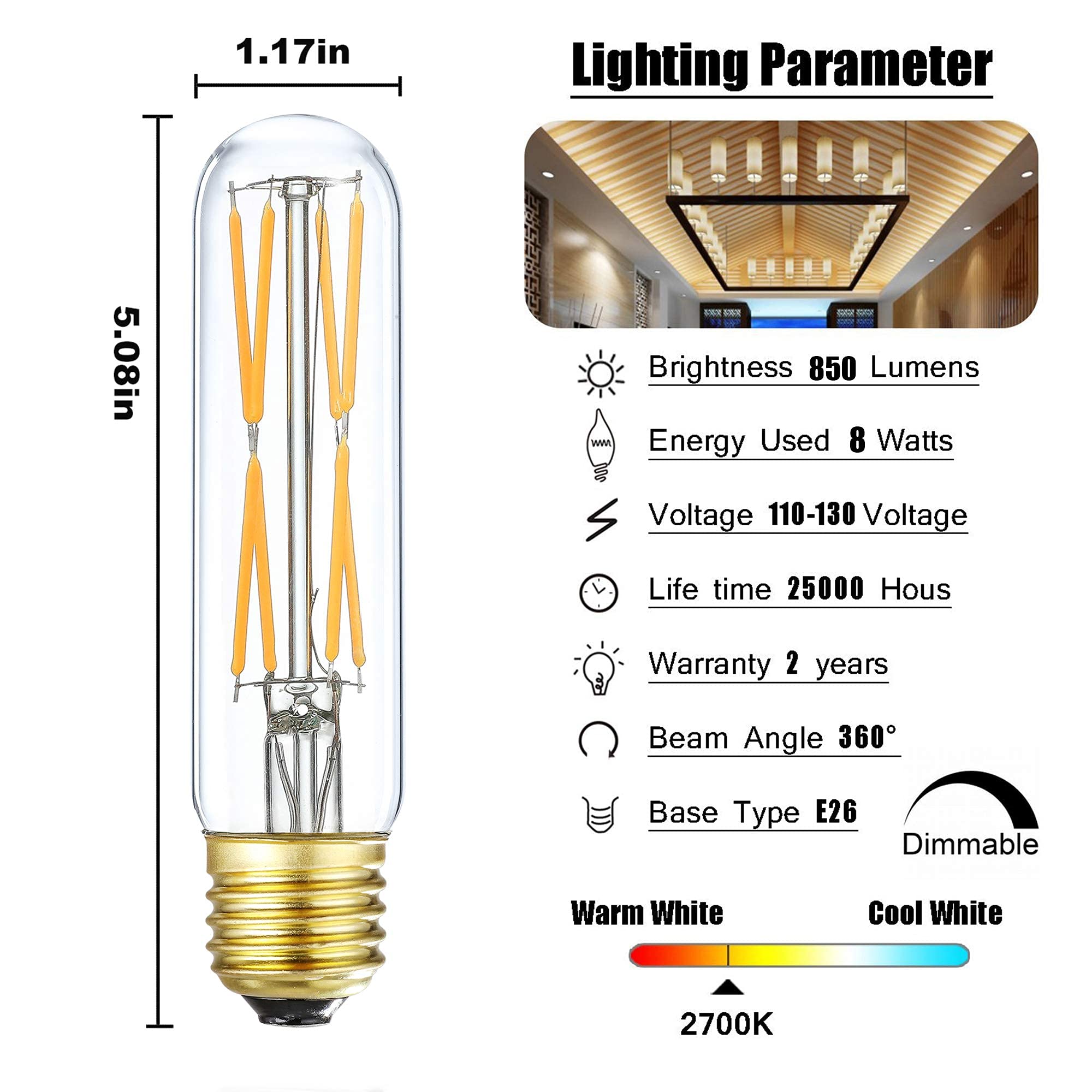 XININSUN T10 Led Bulb, 8W Dimmable Led Tubular Bulbs, 75-100 Watt Equivalent, 2700K Soft Warm White,850lm, Clear Glass, E26 Base Lamp Bulb, for Cabinet Display Cabinet etc,3 Pack.