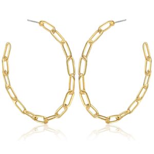 NLCAC 14K Gold Chain Hoop Earrings Chic Shiny Gold Paperclip Chain Link Big Hoop Earrings for Women (Gold)