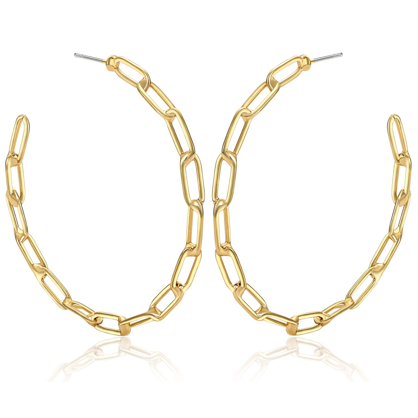 NLCAC 14K Gold Chain Hoop Earrings Chic Shiny Gold Paperclip Chain Link Big Hoop Earrings for Women (Gold)