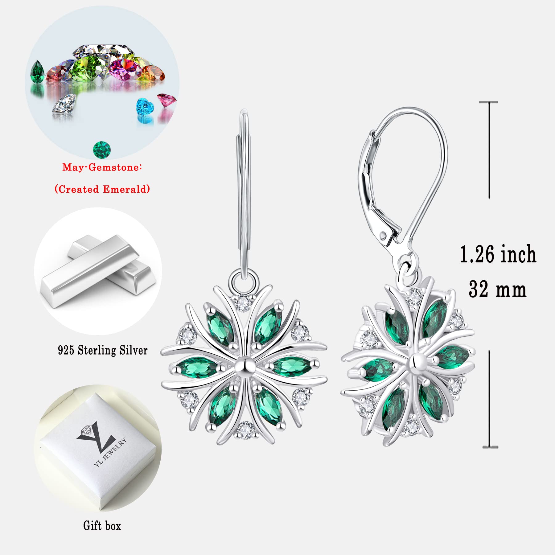 YL Snowflakes Earrings Sterling Silver Dangle Drop Earrings Created Emerald Leverback Jewelry for Women