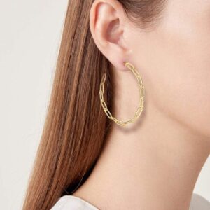 NLCAC 14K Gold Chain Hoop Earrings Chic Shiny Gold Paperclip Chain Link Big Hoop Earrings for Women (Gold)