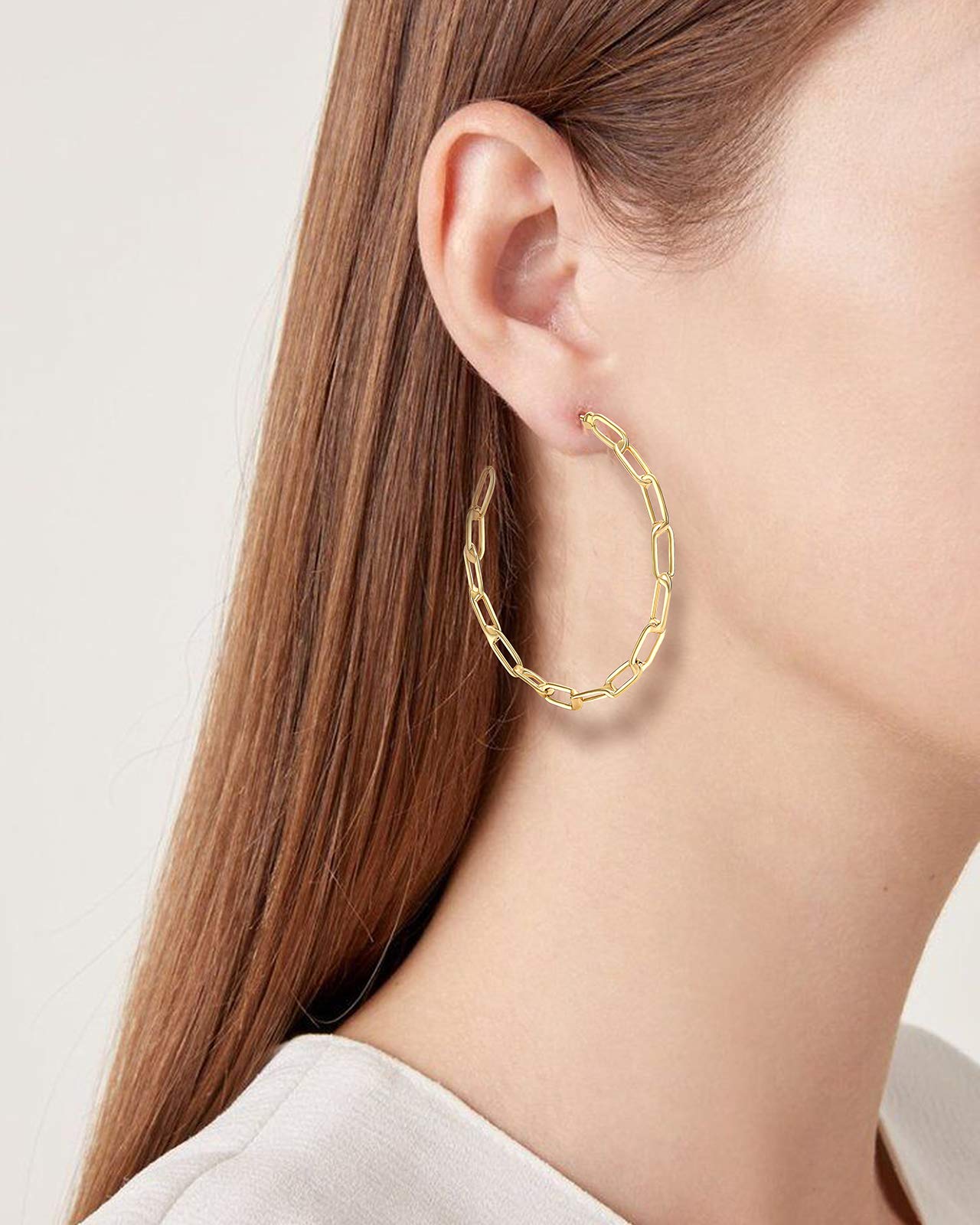 NLCAC 14K Gold Chain Hoop Earrings Chic Shiny Gold Paperclip Chain Link Big Hoop Earrings for Women (Gold)