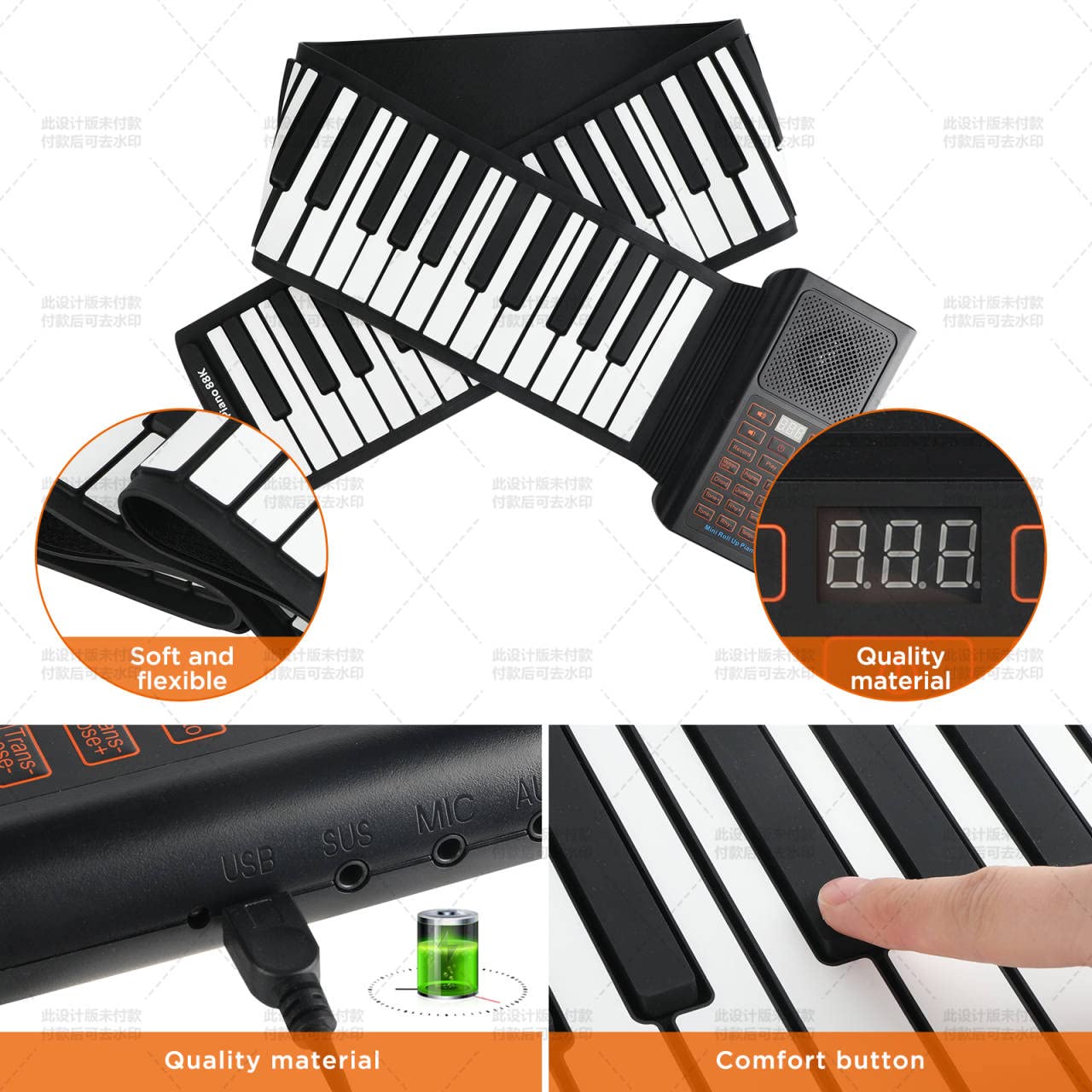 Roll-up Piano 61 keys,Electronic Hand Roll Portable Piano with 128 Unique Tones and Built-in Speaker, Upgraded Waterproof Silicone Fold able Piano Keyboard for Beginners and Kids