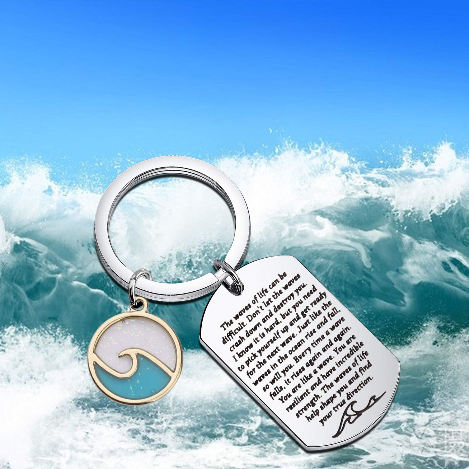 UJIMS Inspirational Quote Gift Ocean Wave Keychain The Waves Of Life Can Be Difficult Encouragement Jewelry for Her (Ocean Wave Keychain)