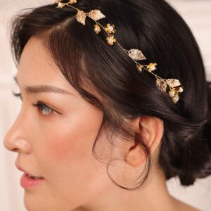 Kercisbeauty Gold Leaf Headband for Women Wedding Bridal Boho Hair Piece Dainty Hair Accessories for Special Occasion