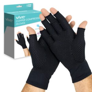 vive fingerless arthritis gloves for men & women made w/copper infused fabric - therapeutic compression for swelling, carpal tunnel, tendonitis, edema, & finger pain - comfortable non-slip (large)