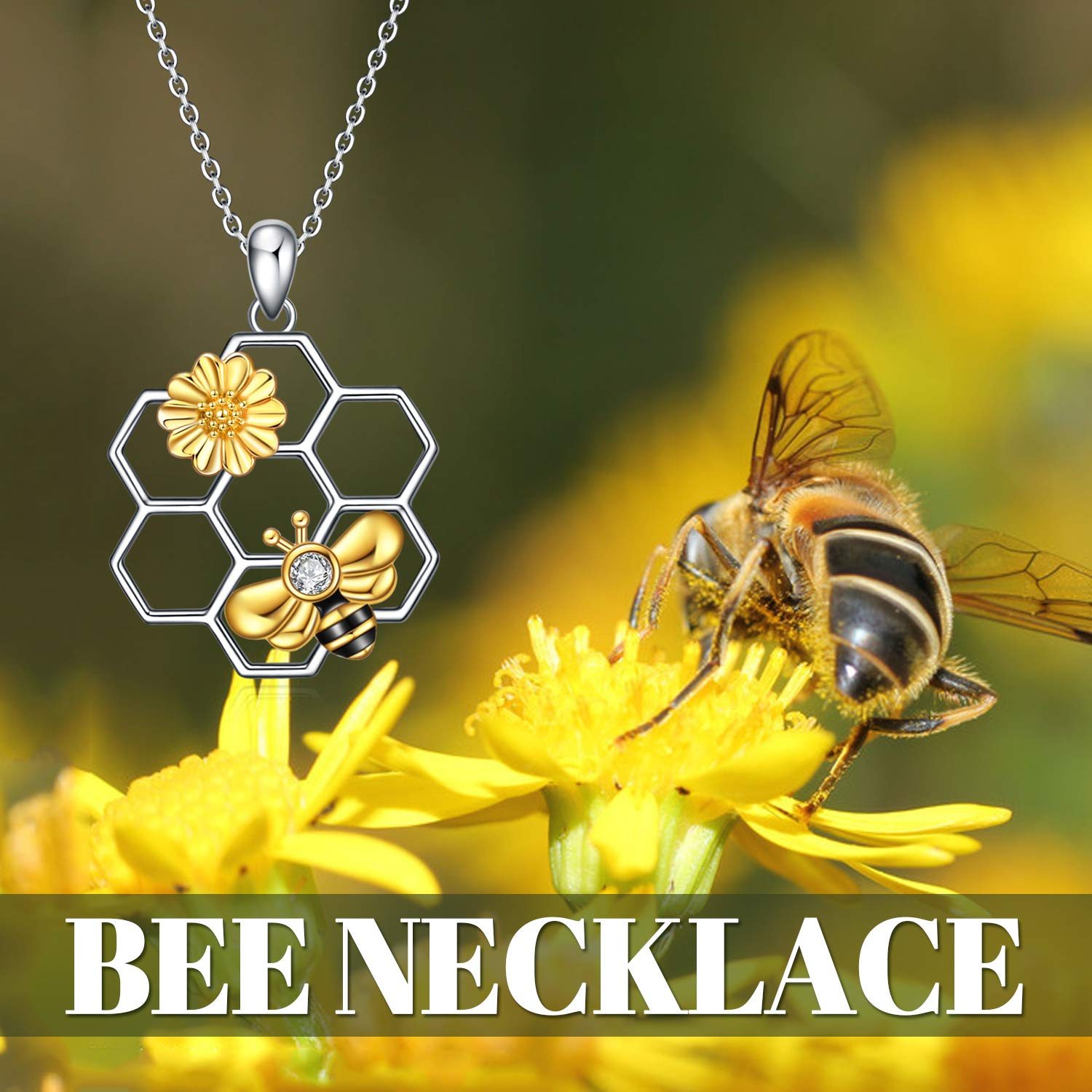 LUHE Bee Necklace 925 Sterling Silver Honeycomb Cute Flower Pendant Necklaces for Women Christmas Gifts for Her (Bee necklace)