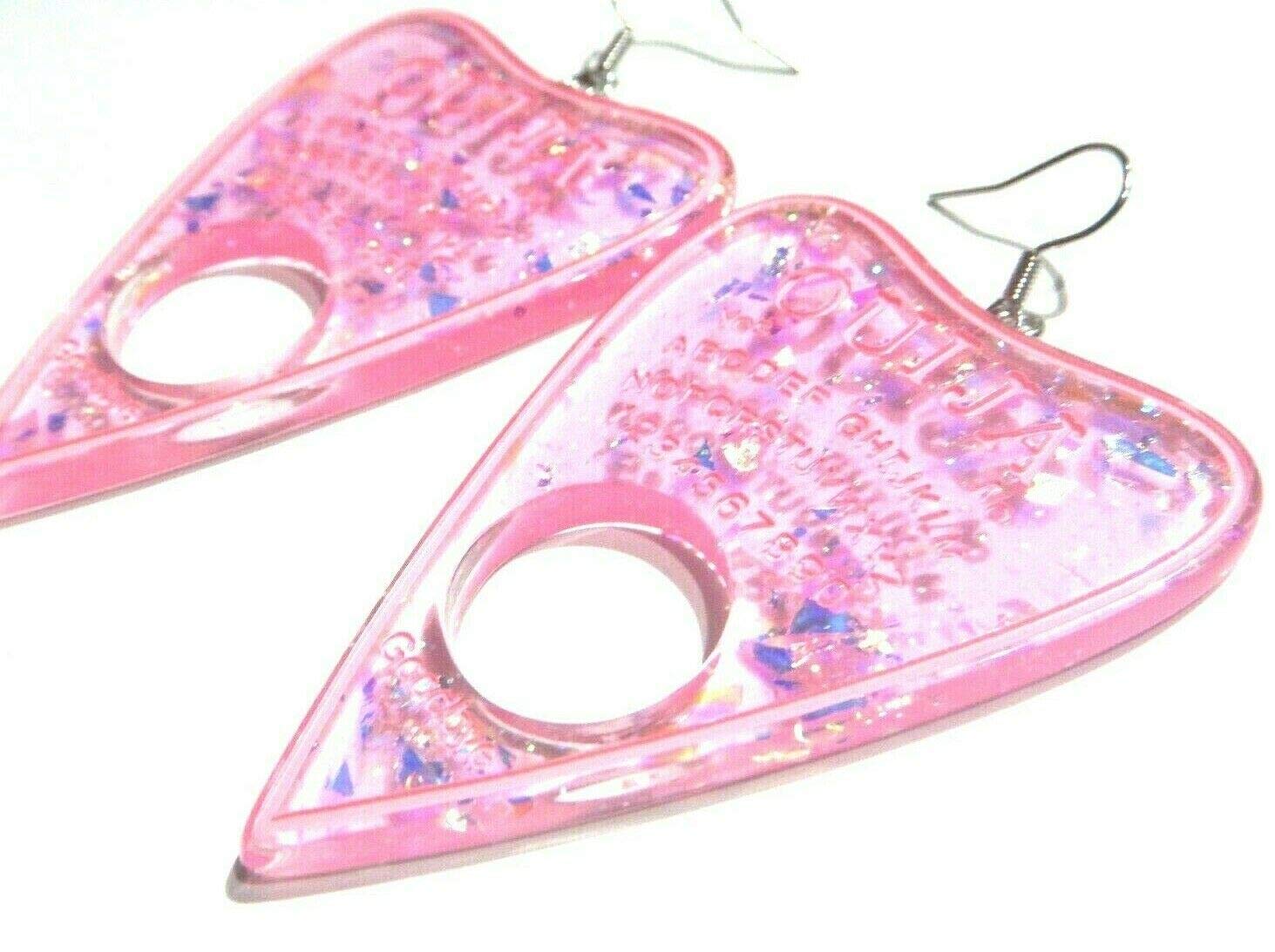 Pink Translucent Holographic Ouija Board Planchette Earrings on Hypoallergenic Ear Hooks- Pastel Goth