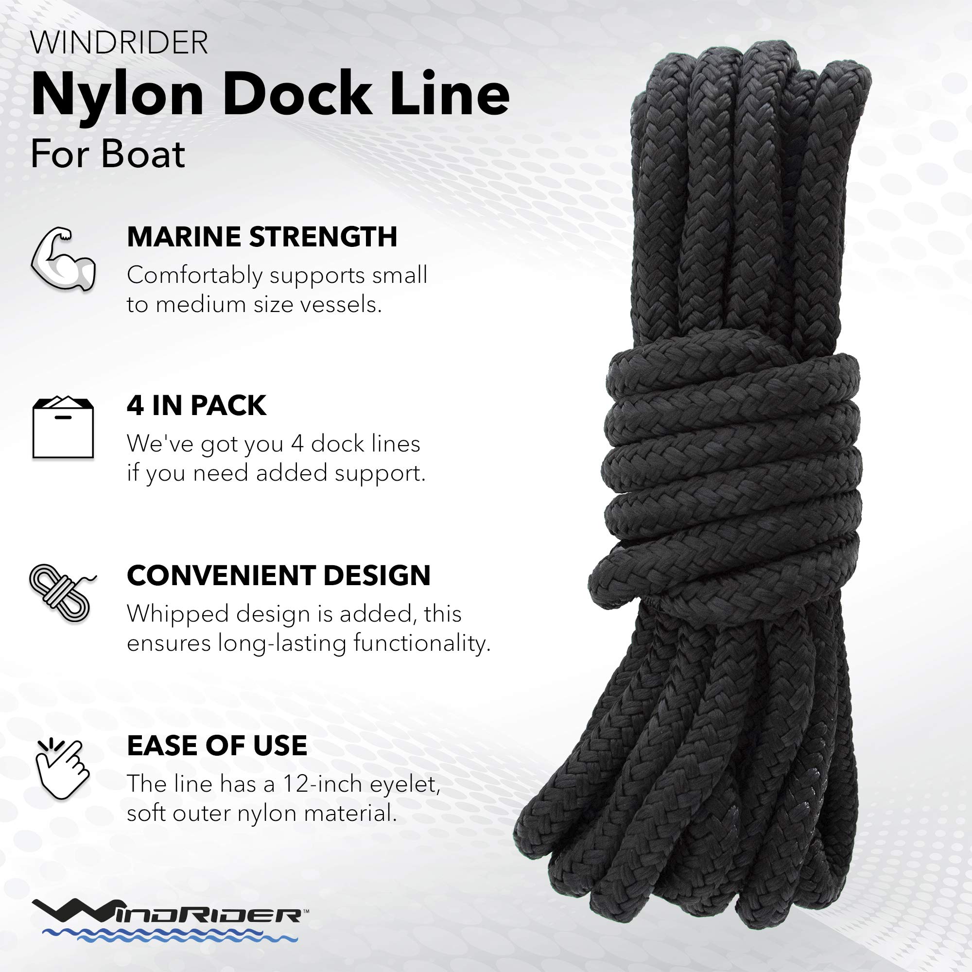 Dock Lines for Boats - 4 Pack of 3/8" x 15 Ft Double Braided Nylon Rope with 12-Inch Eyelet Whipped Ends – Marine lines Grade Black Rope for Docking, Mooring, and Securing Boats