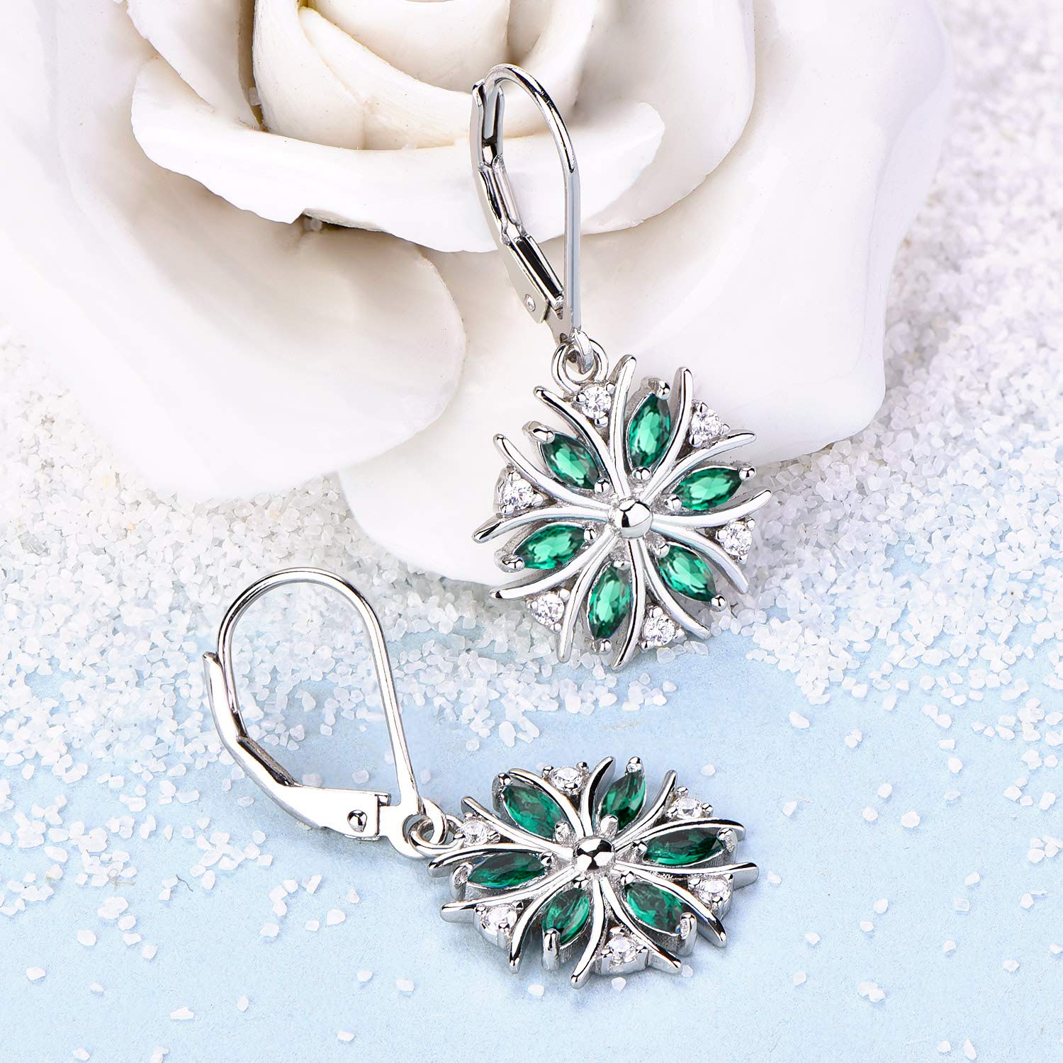 YL Snowflakes Earrings Sterling Silver Dangle Drop Earrings Created Emerald Leverback Jewelry for Women