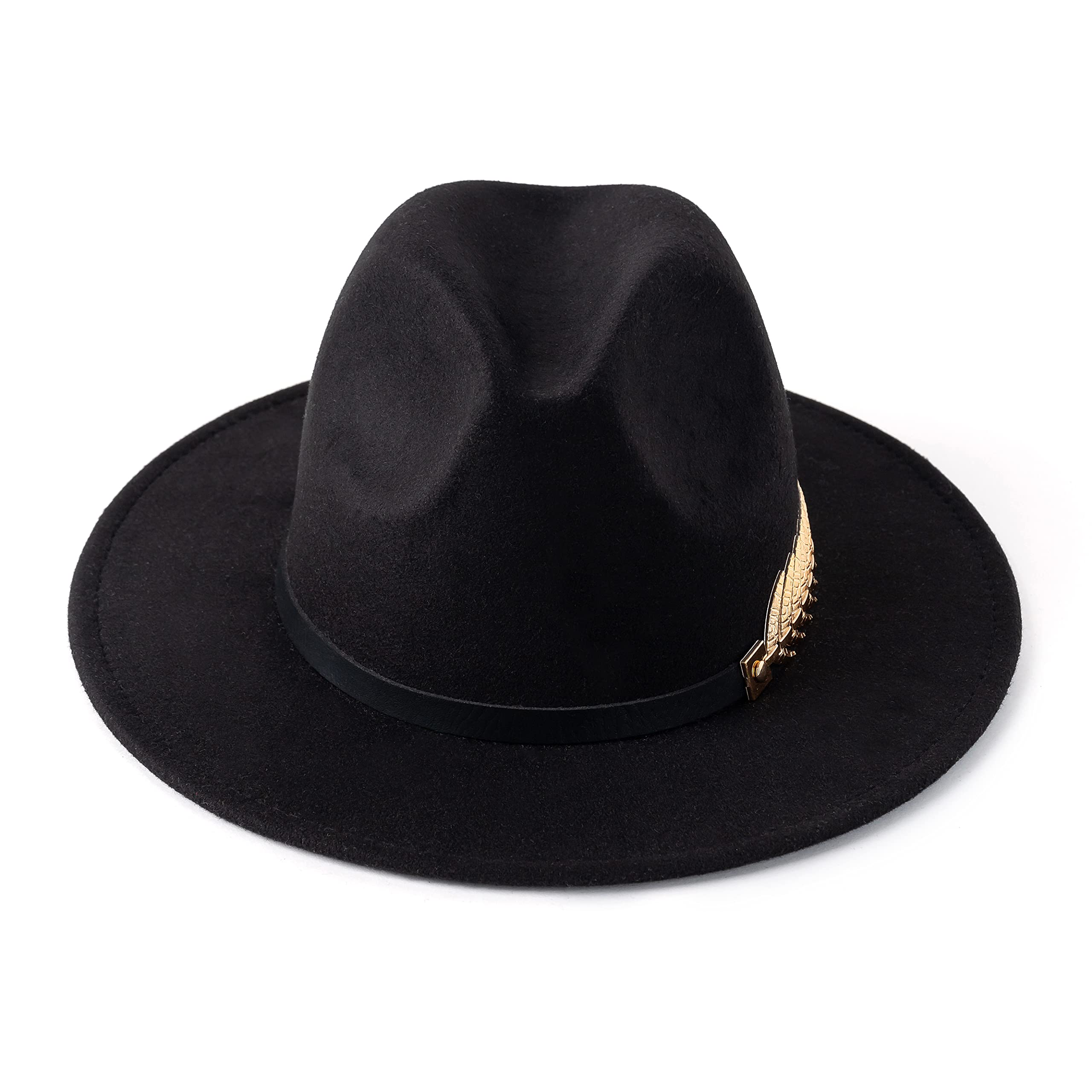 HUDANHUWEI Women's Wide Brim Fedora Panama Hat with Metal Belt Buckle Black