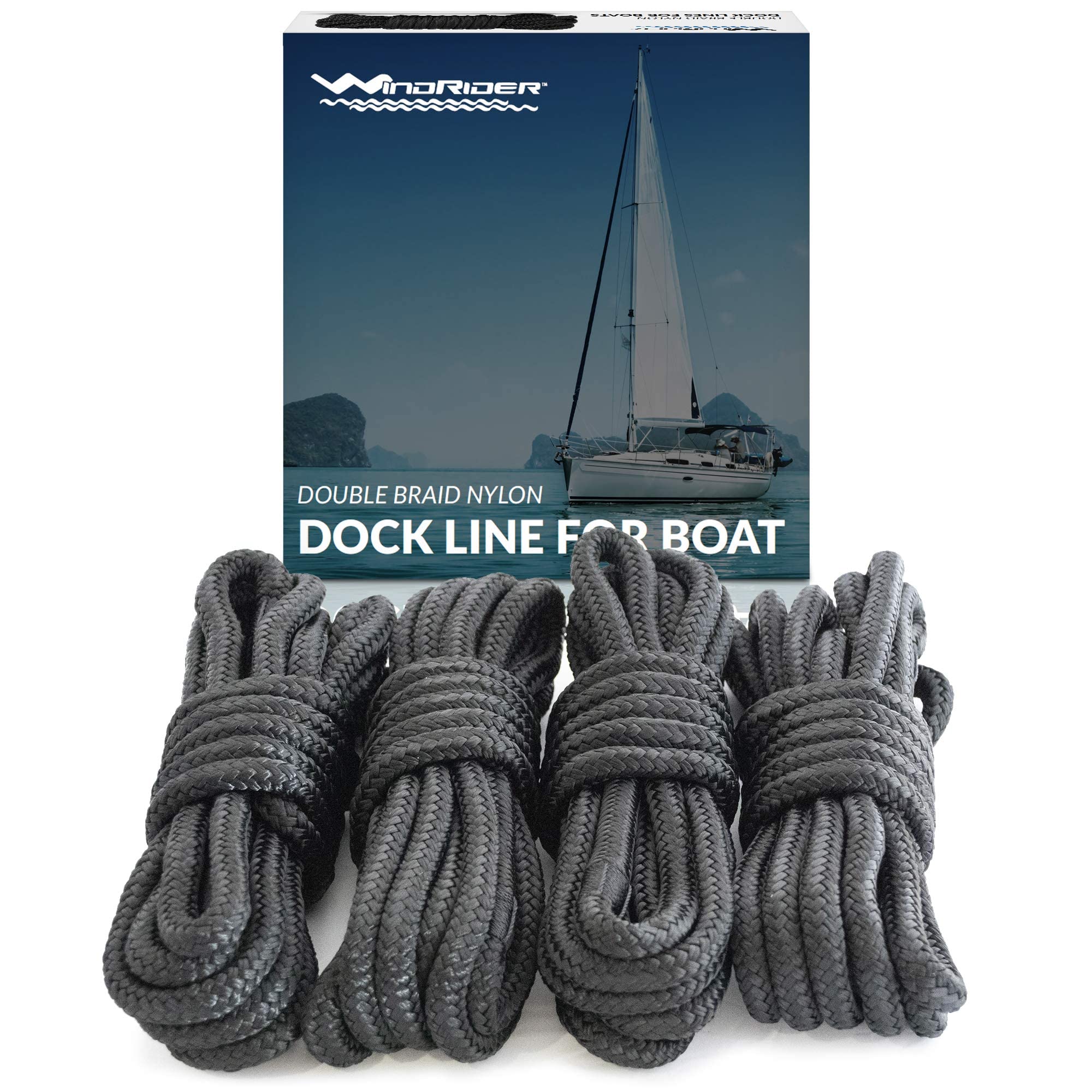 Dock Lines for Boats - 4 Pack of 3/8" x 15 Ft Double Braided Nylon Rope with 12-Inch Eyelet Whipped Ends – Marine lines Grade Black Rope for Docking, Mooring, and Securing Boats