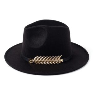 HUDANHUWEI Women's Wide Brim Fedora Panama Hat with Metal Belt Buckle Black