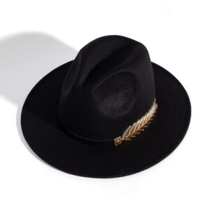 HUDANHUWEI Women's Wide Brim Fedora Panama Hat with Metal Belt Buckle Black