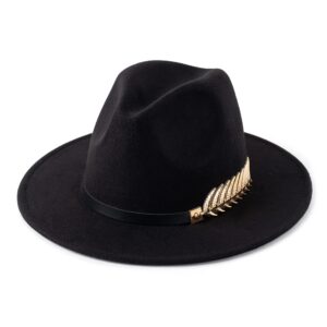 HUDANHUWEI Women's Wide Brim Fedora Panama Hat with Metal Belt Buckle Black