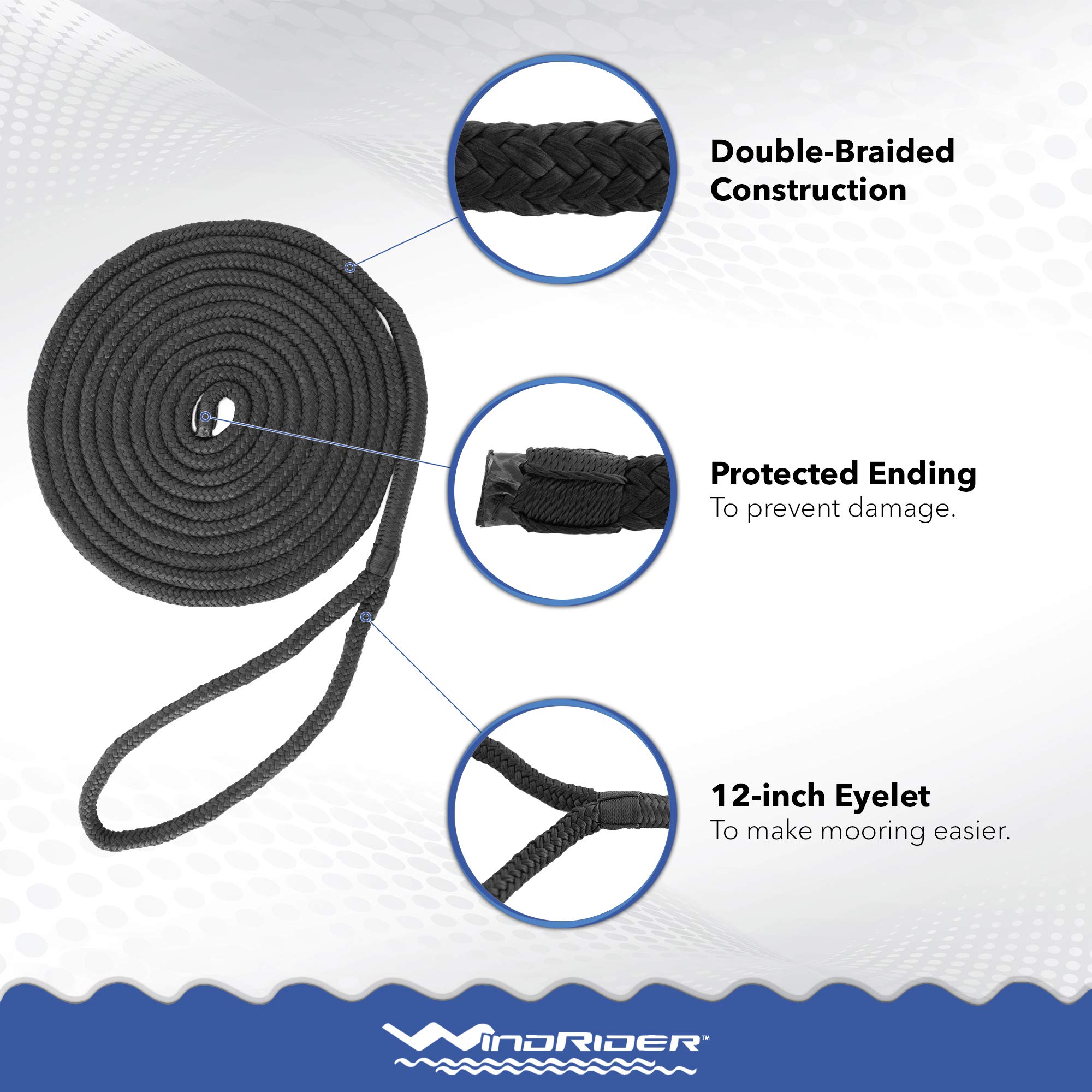 Dock Lines for Boats - 4 Pack of 3/8" x 15 Ft Double Braided Nylon Rope with 12-Inch Eyelet Whipped Ends – Marine lines Grade Black Rope for Docking, Mooring, and Securing Boats