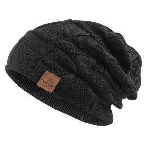 PAGE ONE Mens Winter Slouchy Beanie Warm Fleece Lined Skull Cap Baggy Cable Knit Hat Pure Black